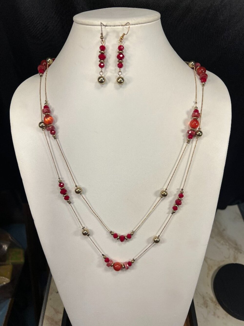 Charming Charlie Red and Goldtone Necklace and Earrings Set